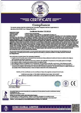 CE Certificate of Compliance — Certificate Number CE-2621A — Ozone India Technology
