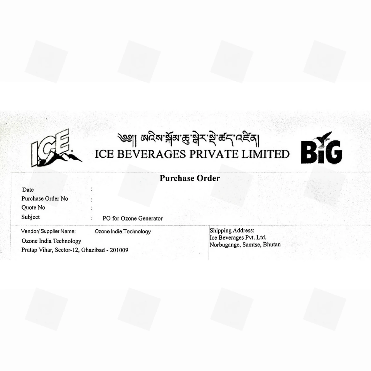 Export purchase order for Bhutan