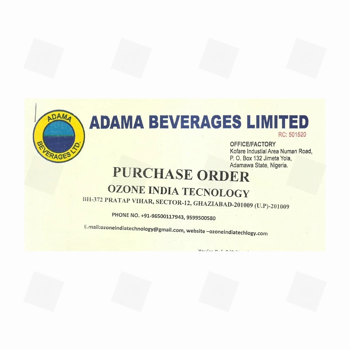 Export purchase order for Nigeria