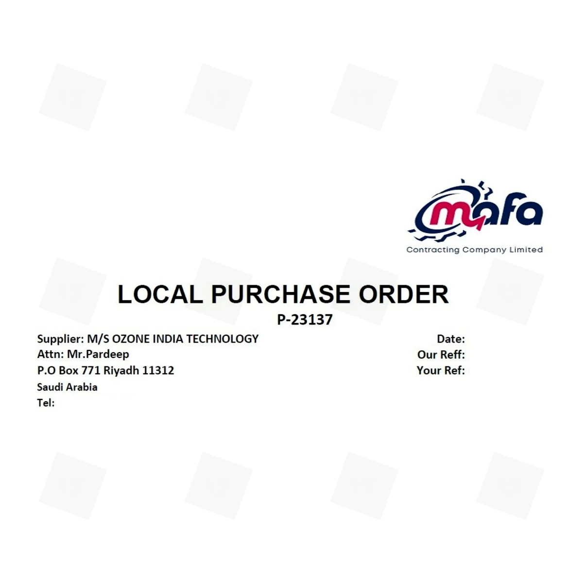 Export purchase order for Saudi Arabia