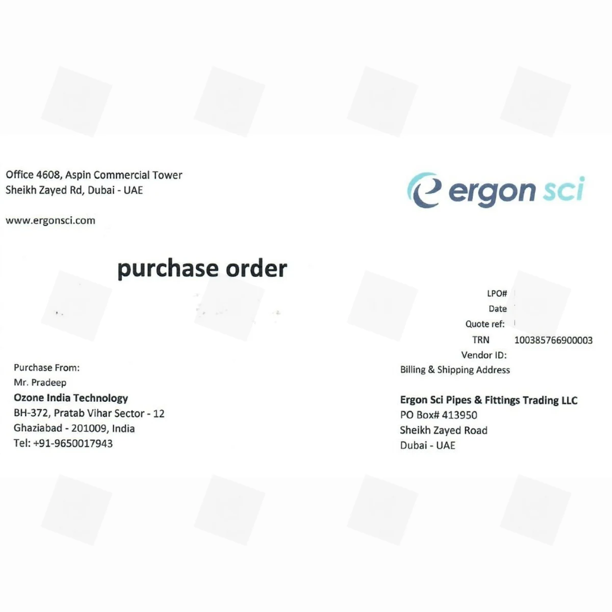 Export purchase order for UAE